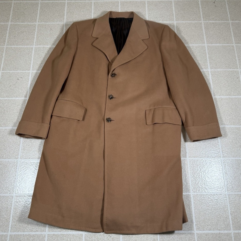 VTG 100% Pure Mongolian Cashmere Khaki Tan Overcoat Coat Tailored Charlie Baker
